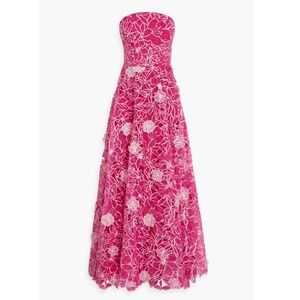 MARCHESA NOTTE Strapless floral-appliquéd organza gown